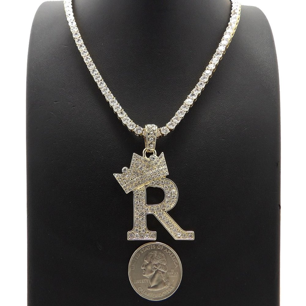 Initial Letter "R" Pendant Tennis Chain Necklace